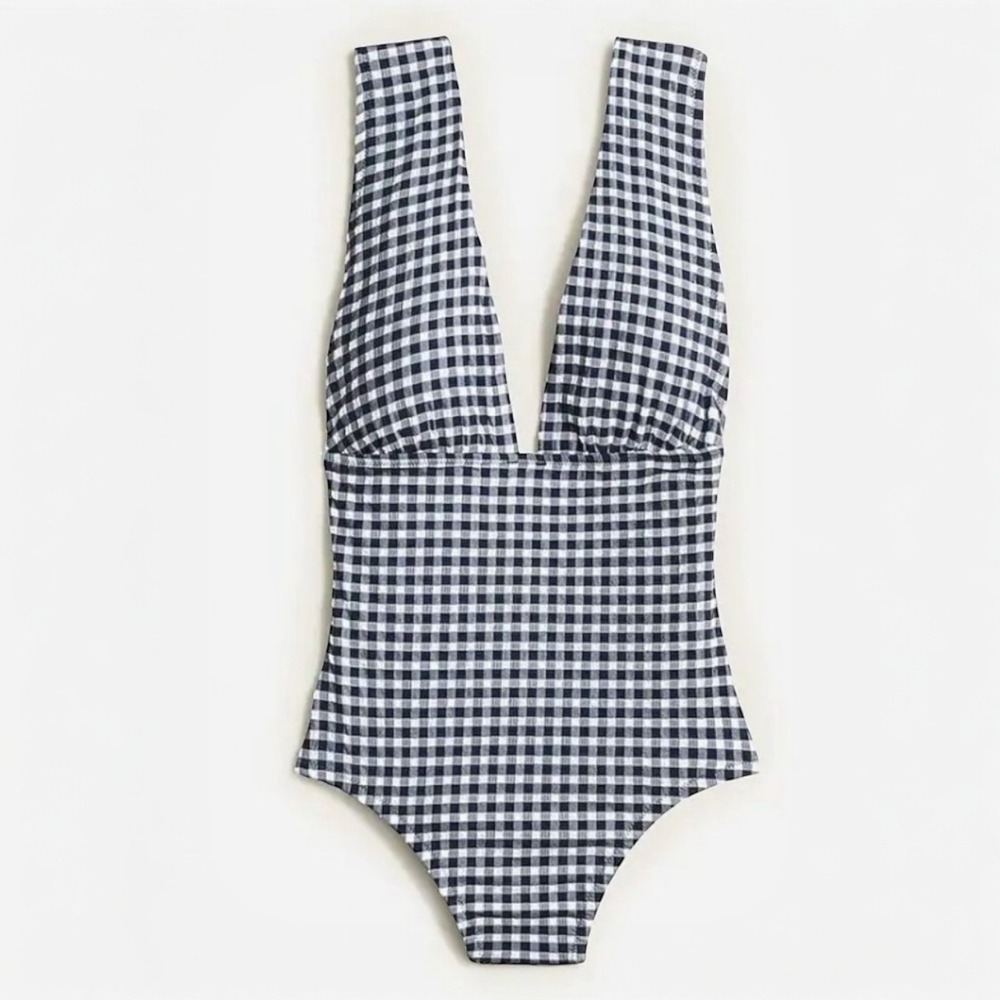J.Crew Womens V-Neck‎ One-Piece Swimsuit Navy Gingham Size 24 BE747 NWT